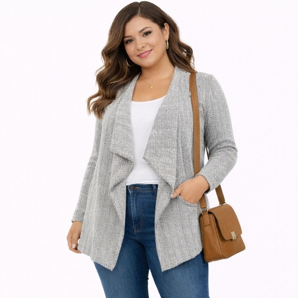 New! TRIBAL Size Medium Gray Herringbone Open Front Rayon Blend Cardigan w/tag!‎